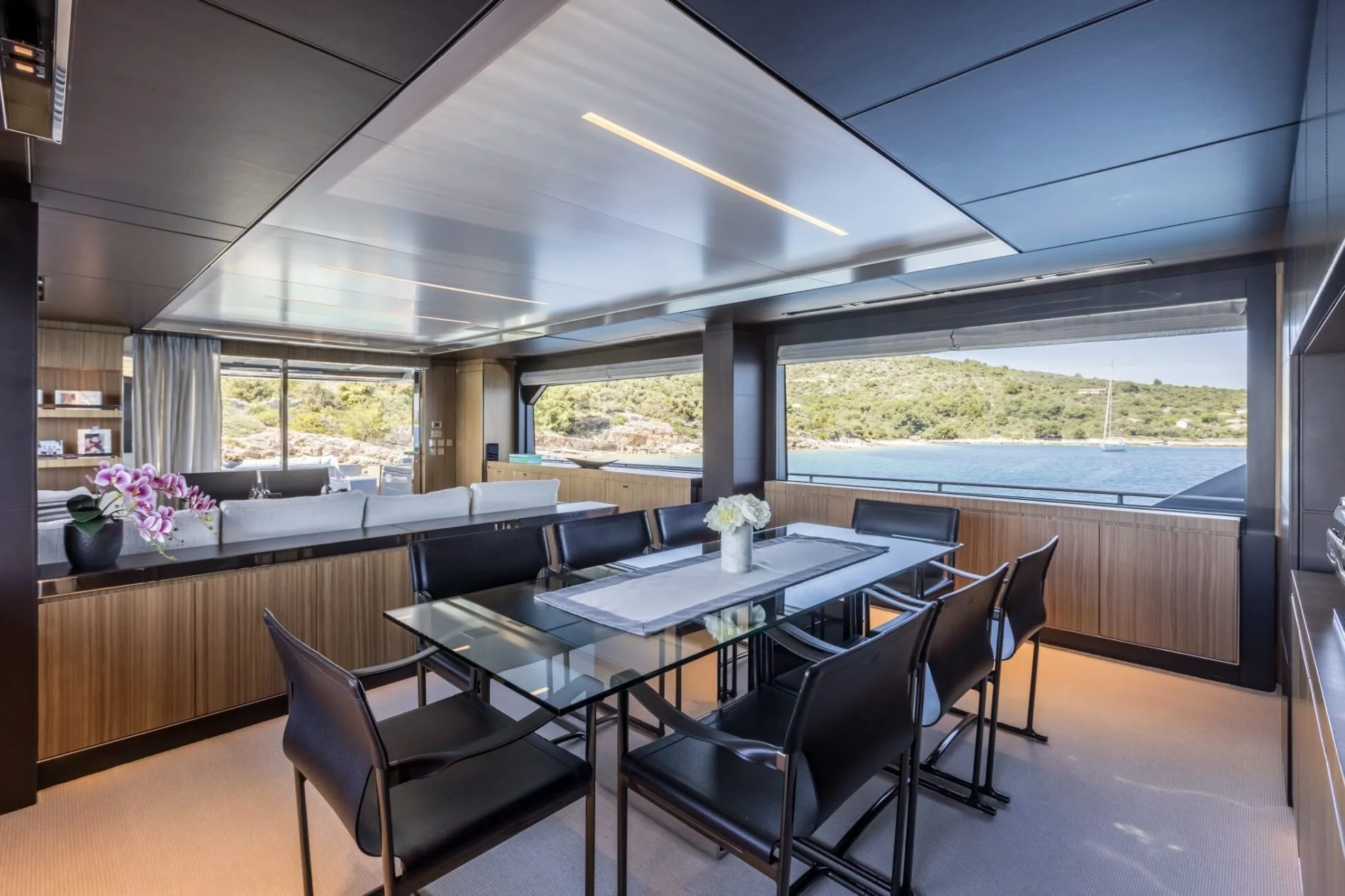 Bright main salon aboard YOYITA II